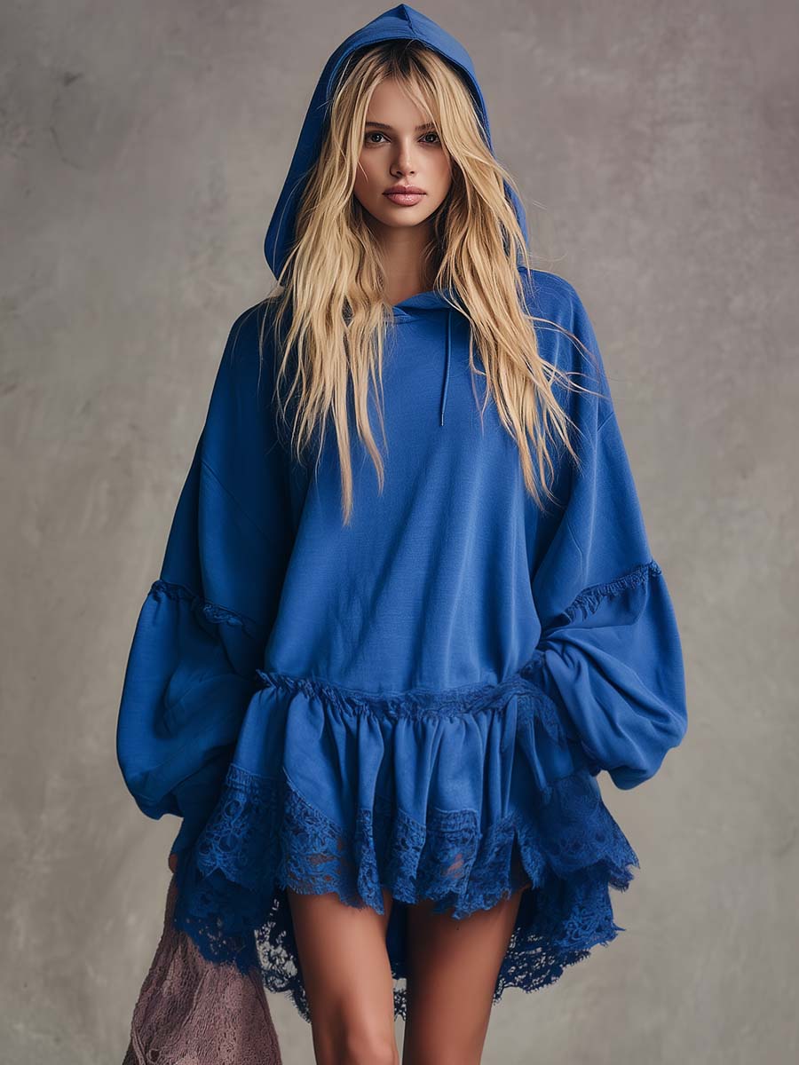 Vintage Fashion Sporty Lace Hem Loose Royal Blue Cotton Hooded Mini Dress