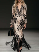 Elegant Bohemian Style V-neck Tassel Floral Print Beige Satin Maxi Dress