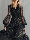 High-end Chic Gold Polka Dot V-neck Ruffled Black Chiffon Maxi Dress