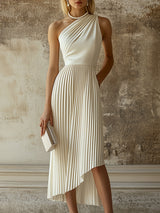 【24-hour shipping out】Elegant High-end Evening Gown White Pleated Sleeveless Midi Dress