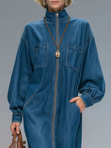 Stand-collar Multi-pocket Zip-up Denim Long-sleeved Midi Dress