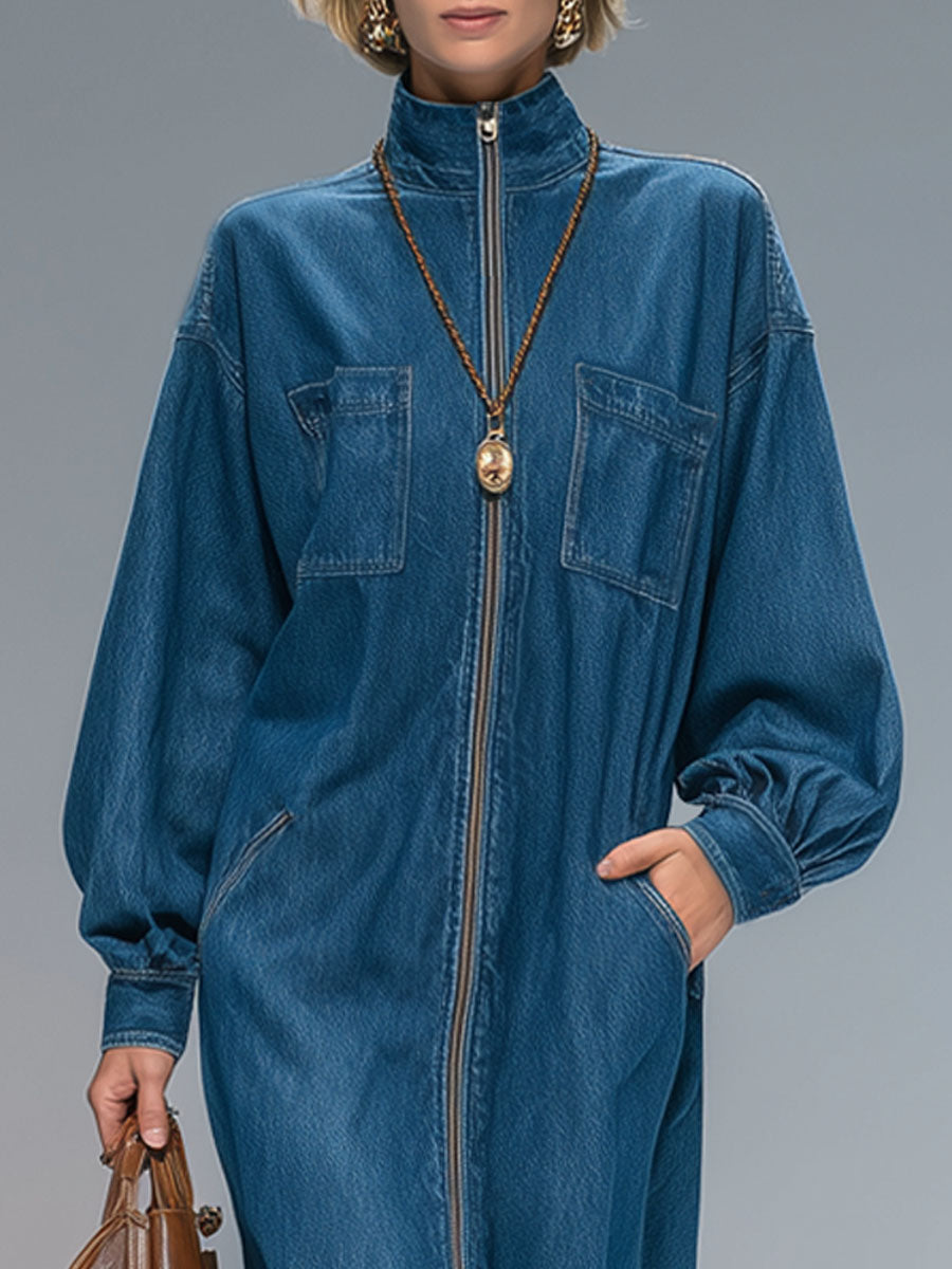 Stand-collar Multi-pocket Zip-up Denim Long-sleeved Midi Dress