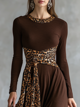 Retro Leopard Print Patchwork Long-sleeved Midi Dress