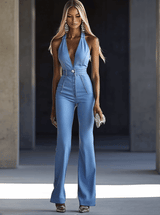 【24-hour shipping out】Simple and Fashionable V-neck Sleeveless Tight Light Blue Denim Jumpsuit