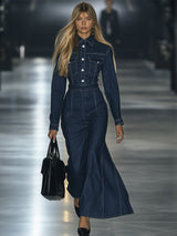 【24-hour shipping out】Casual Slim Fit Vintage Lace-up Long Sleeve Denim Maxi Dress