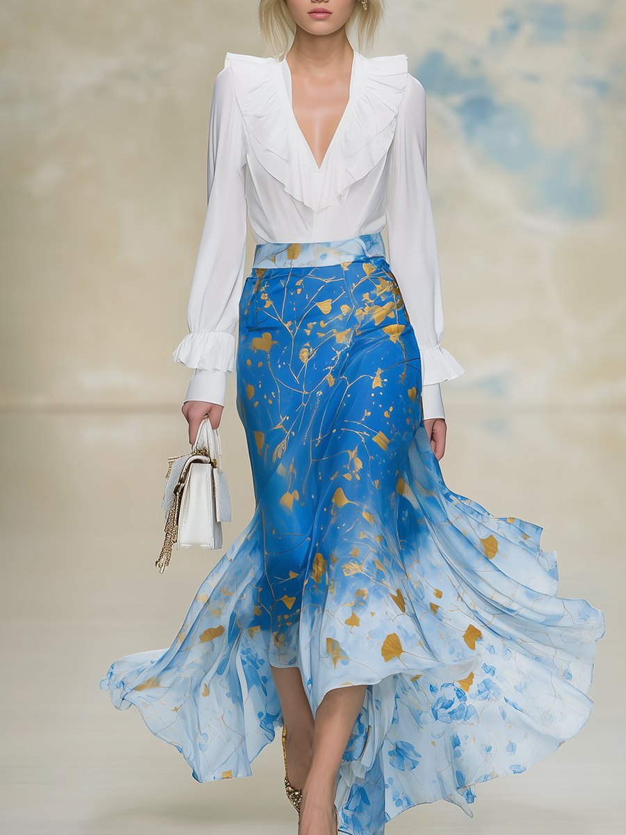 Lazy Yet Elegant Long-sleeved Top With Ruffled Details And Matching Skirt Set