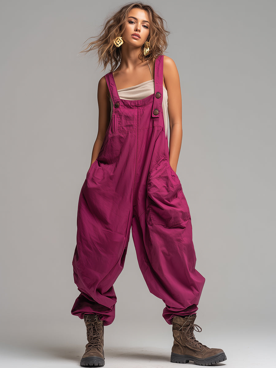Casual And Stylish Raspberry Red Loose-fitting Jumpsuit Overalls