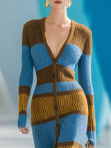 Casual And Stylish V-neck Button-down Brown And Blue And Yellow Striped Knit Maxi Dress