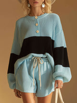 Stylish And Casual Blue And Black Knitted Top And Shorts Set