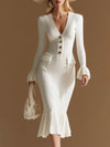 Stylish And Elegant White V-neck Knitted Button-down Midi Dress