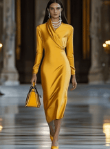 【24-hour shipping out】Fashion Vintage Gold Satin Long Sleeve Midi Dress