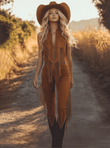 【24-hour shipping out】Western Fringed Brown Suede Vest Zip-Up Jumpsuit