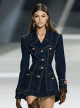 【24-hour shipping out】Classic and Playful Large Lapel Ruffled Hem Waist Denim Mini Dress