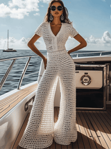 【24-hour shipping out】Seaside Vacation V-neck White Crochet Short-sleeved Top Trousers Set