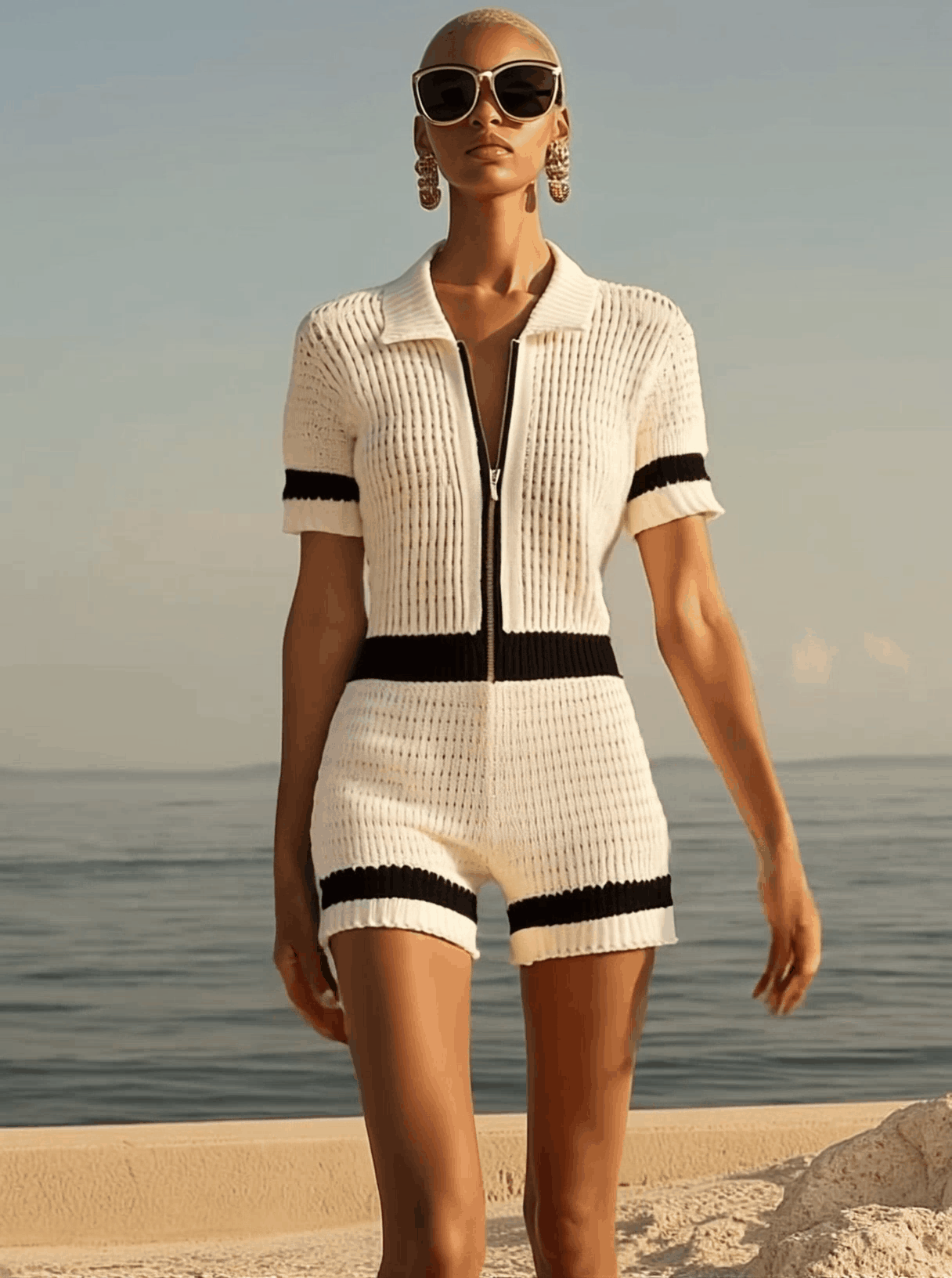 【24-hour shipping out】Breathable Fashion Front Zipper Short Sleeve Knit Shorts Jumpsuit