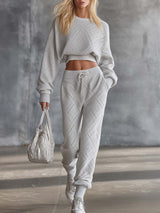 Fashion Breathable Sports Diamond-shaped Openwork Pattern Light Gray Knitted Top And Pants