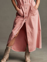 Casual Retro Pink Denim Short-sleeved Shirt Maxi Dress