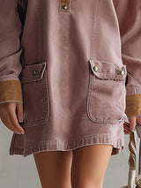 Casual Retro Color-blocked Denim Trim Pink Denim Pocket Mini Dress