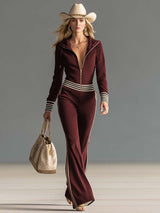 Retro Fashion Sports Hooded Zipper V-neck Dark Blue Knitted Jumpsuit