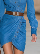 Western-style Blue DenimWith Irregular Design And Button Closure Mini Dress