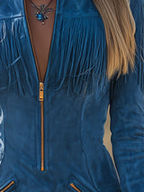 Retro Western Style Zippered Collar Blue Fringed Faux Suede Mini Dress