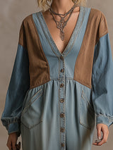 Retro Silhouette Color-blocked Blue Denim Midi Dress
