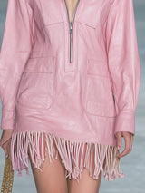 Fashionable Pink Faux Leather Zipper And Tassel Mini Dress