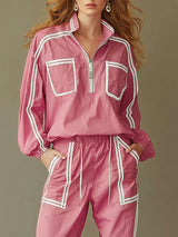Casual Sporty Retro Pink Quick-drying Outdoor Top And Wide-leg Pants Set