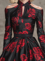 Elegant BlackWith Red Rose Pattern And Cutout Neckline Mini Dress
