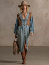 Retro Silhouette Color-blocked Blue Denim Midi Dress