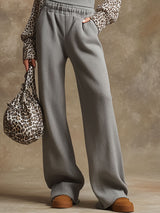 Sporty Retro Leopard Print Chiffon Long-Sleeved Gray Knit Top And Wide-Leg Pants Set