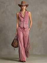 Western Retro Pink Faux Suede Vest And Tassel Pants Set