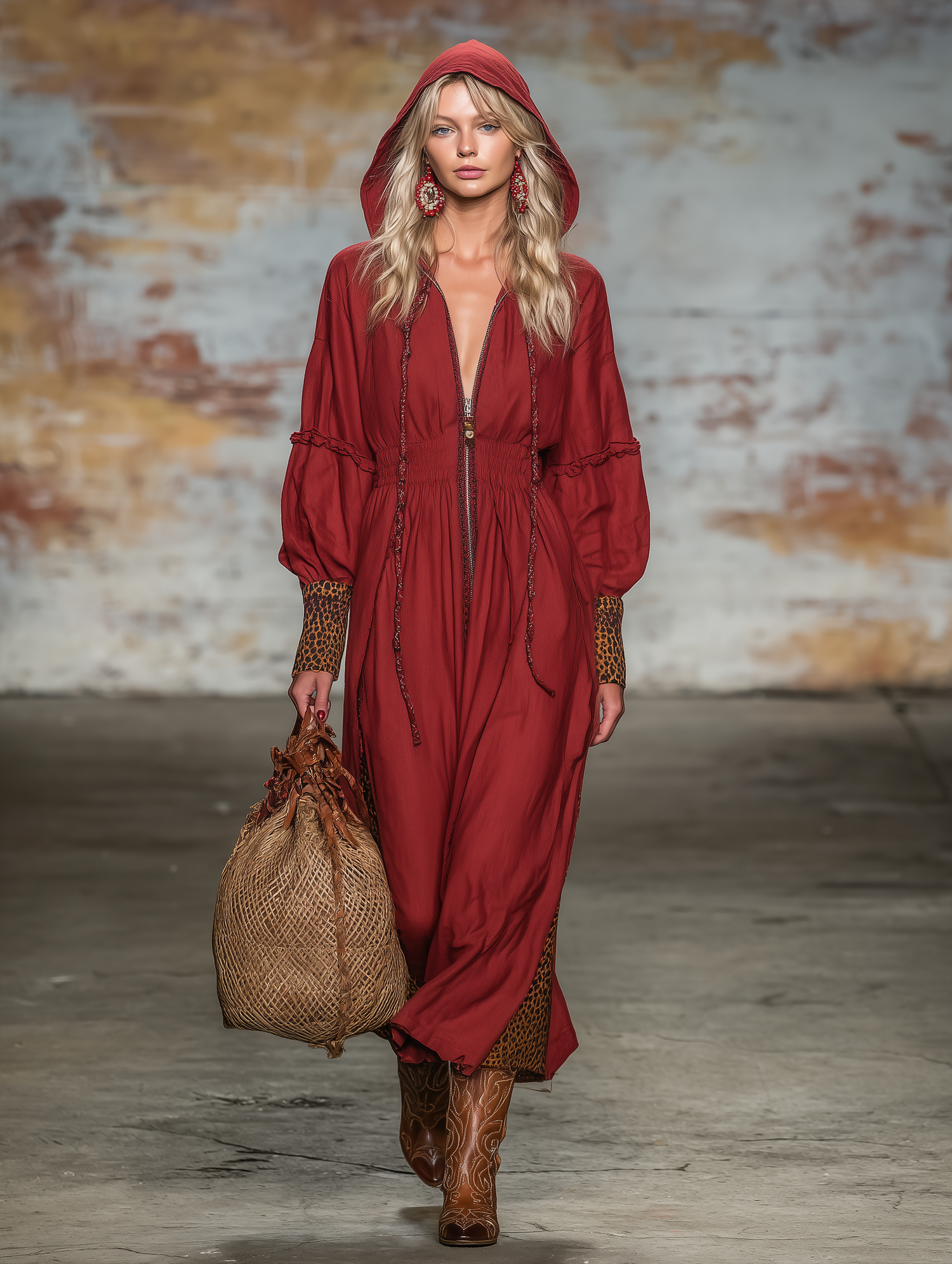 Western-style Red Linen Zip-up Hooded With Partial Leopard Print Maxi Dress