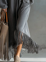 Elegant Silhouette Grey Denim Tassel Long Sleeve Maxi Dress