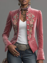 Western-style Stand-up Collar Single-breasted Floral Embroidered Velvet Jacket