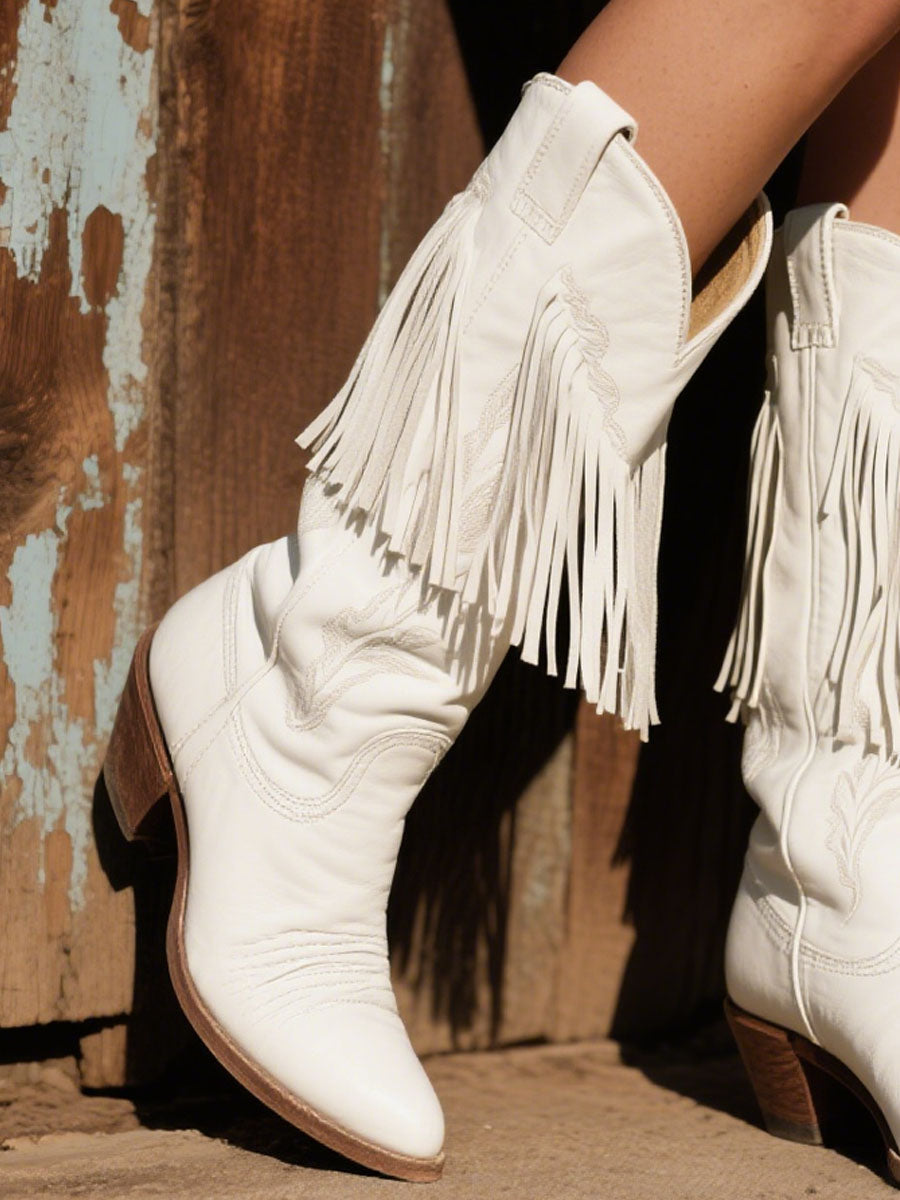 【24-hour shipping out】Women's Western Embroidered Tassel Leather Cowboy Boots