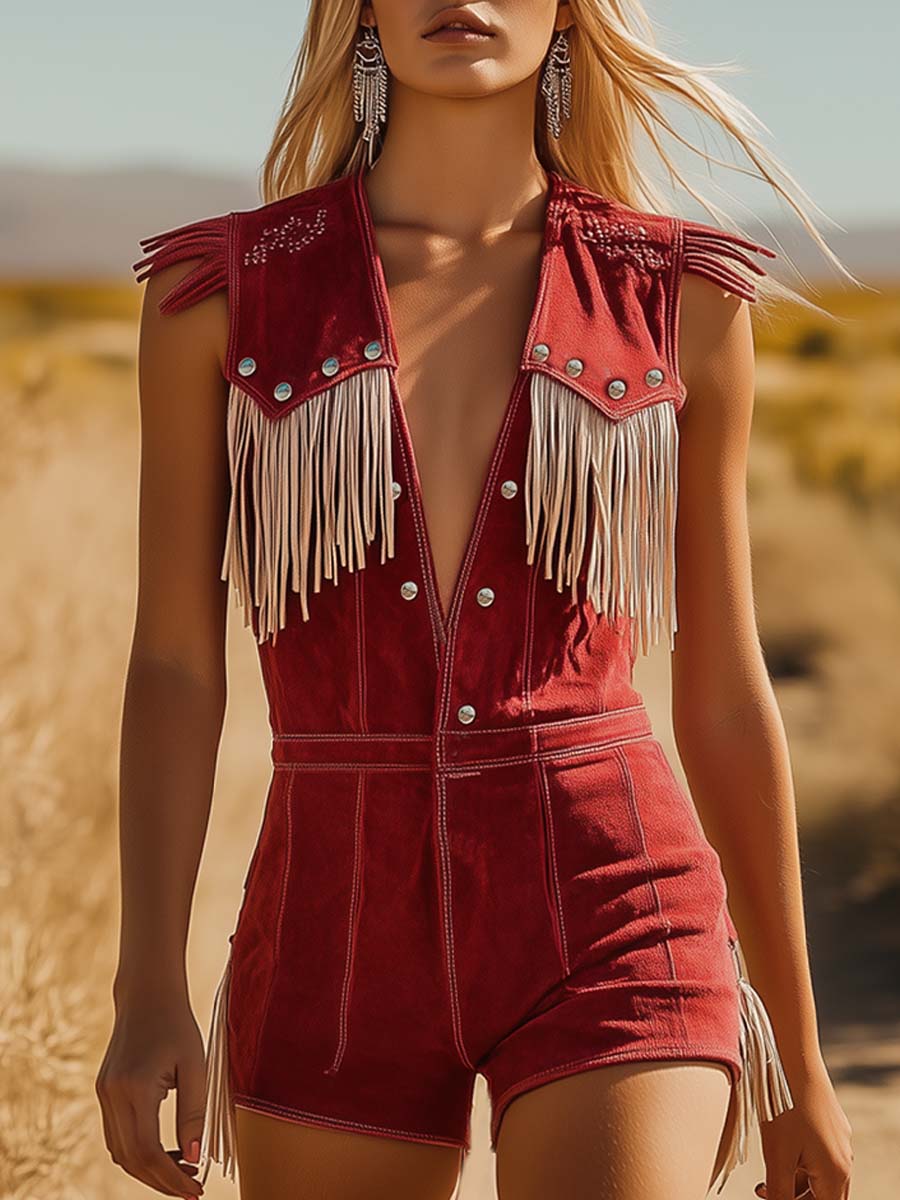 Western Cowboy Style Red Suede Silver Button Beige Tassel Jumpsuit