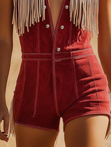 Western Cowboy Style Red Suede Silver Button Beige Tassel Jumpsuit
