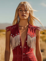 Western Cowboy Style Red Suede Silver Button Beige Tassel Jumpsuit