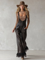 Elegant Urban Style Lace Trim Black Stretch PU Overalls