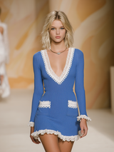 Stylish And Elegant V-neck White Lace Blue Knit Mini Dress