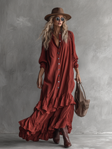 Vintage Western-style Ruffled Red Shirt Maxi Dress