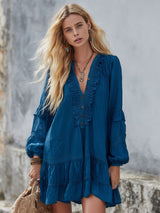 V-neck Button-down Ruffled Cotton Long-sleeved Mini Dress