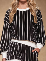 Black And White Striped Print Crew Neck Long-sleeved Top And Shorts Set