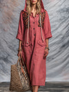 Western-style Pink Linen Button-down Hooded With Partial Zebra Print Midi Dress