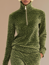 Sports Retro Leopard Print Stand Collar Velvet Top + Skirt Set