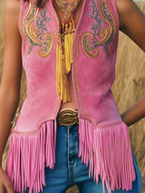 【24-hour shipping out】Casual Loose Vintage Gold Embroidery Pink Suede Tassel Vest