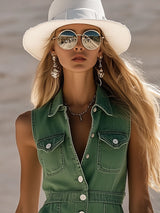 【24-hour shipping out】Fashion Vintage Green Denim Sleeveless Shirt Style Spring/Summer Mini Dress