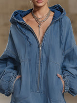 Double-pocket Ruffled Hooded Long-sleeved Denim Mini Dress