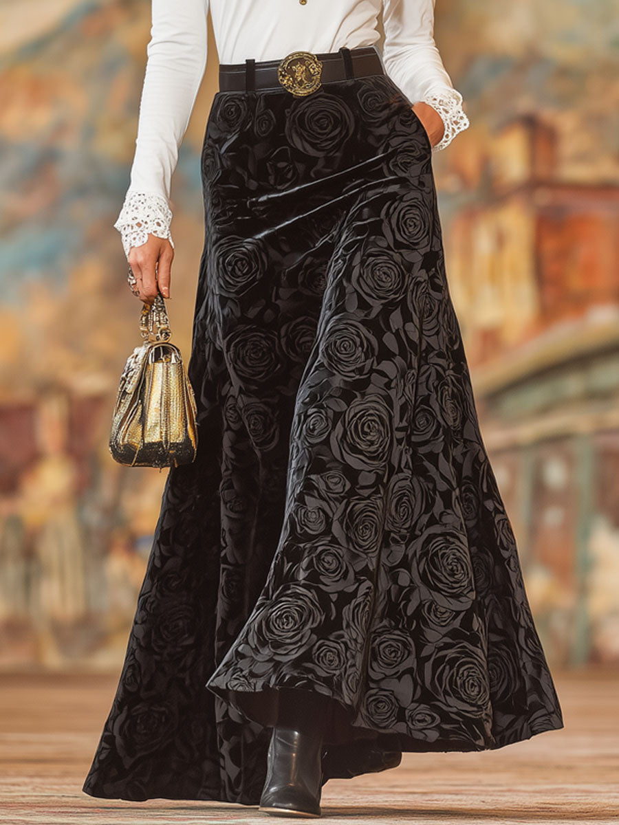 Black Rose Print A-line Velvet Skirt